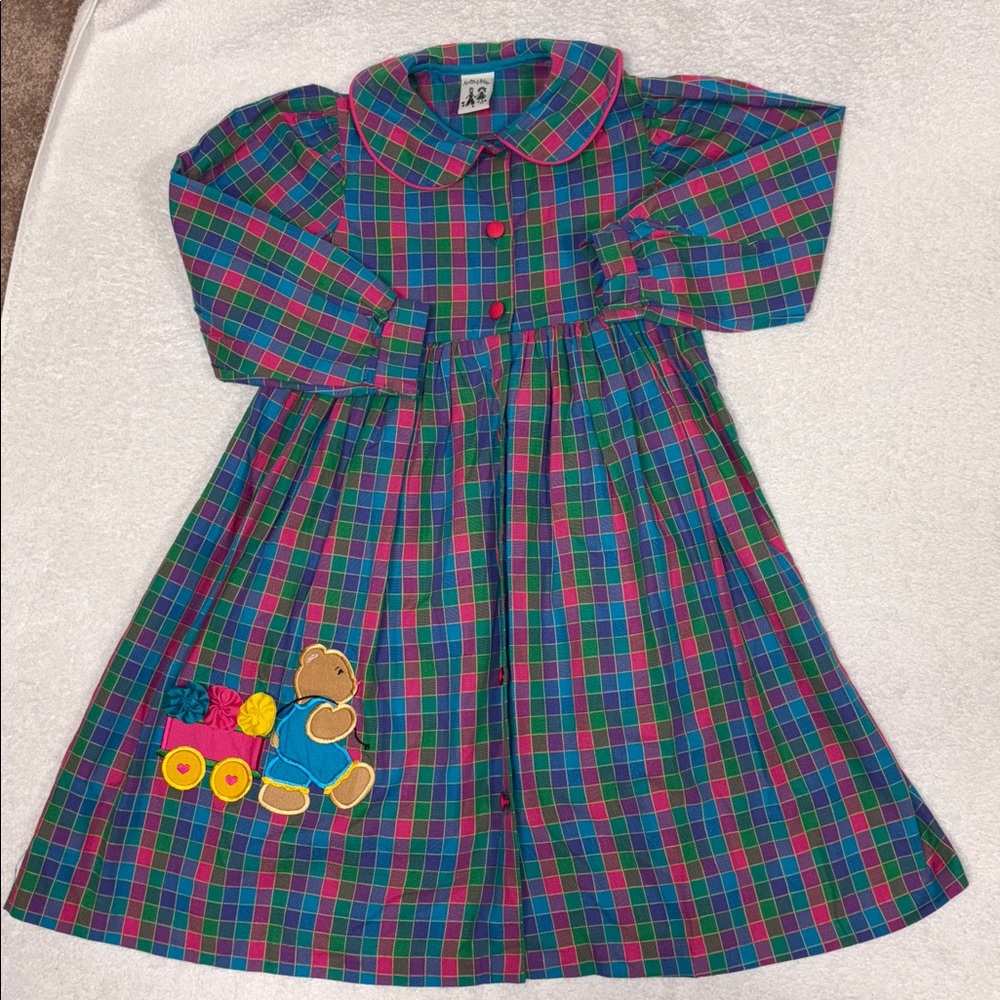 Vintage Austin & Ashley button down Plaid Dress with Bear Patch girls size 6